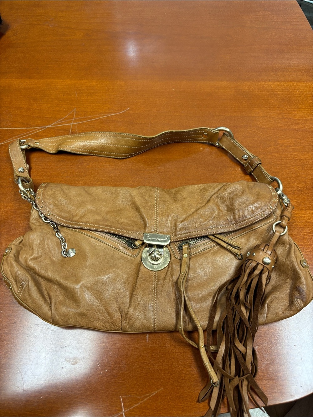 Women's Cognac Leather Shoulder Bag with Fringe Tassel